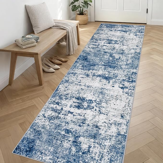 3x14 Washable Runner Rug：Modern Abstract Kitchen Soft Carpet Blue | - Image 3