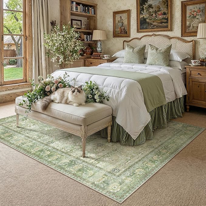 6x9 Light Green Vintage Floral Washable Area Rug - Image 2