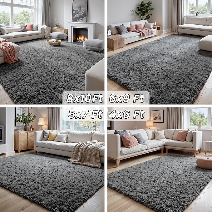 4x6 Fluffy Shag Area Rugs for Living Room Bedroom: Soft Plush Carpet Grey | - Image 7