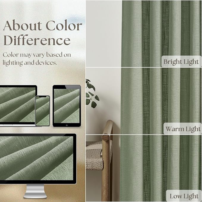 Sage Green Pinch Pleat Semi Sheer Linen Curtains 108 Inches Long 2 Panels | - Image 4