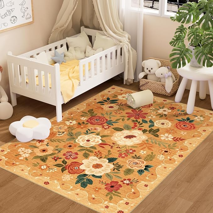 DUKINO 4x6 Area Rug, Floral Washable Rug Non Slip Office Chair Mat, Stain by DUKINO