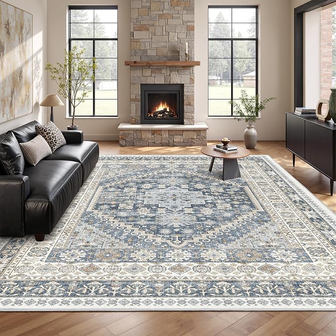 Washable Rugs 8x10 Area Rugs for Living Room, Vintage Floral Bedroom Rugs by Restydon