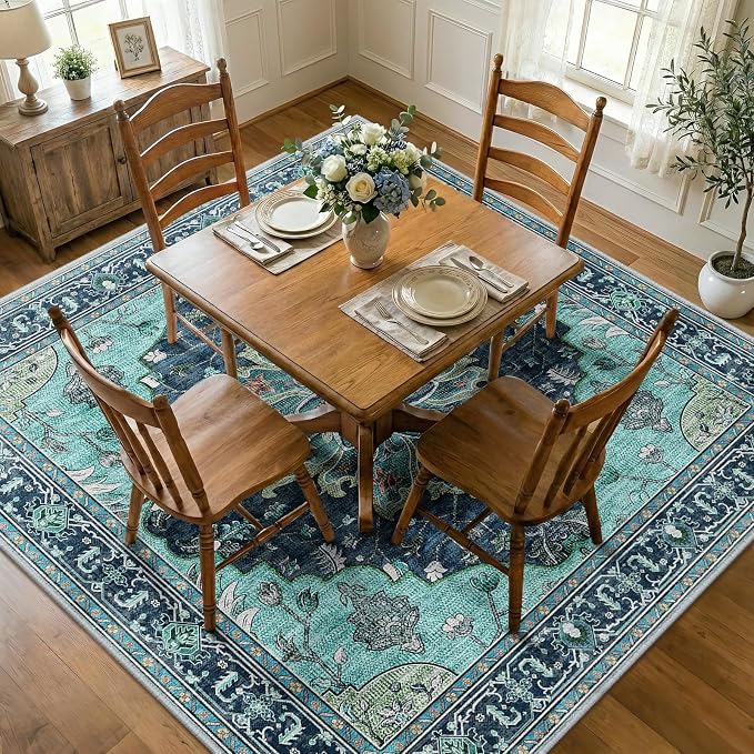 RELEANY Washable Area Rug, Square 7'x7', Teal | Non-Slip, Water Repellent by RELEANY