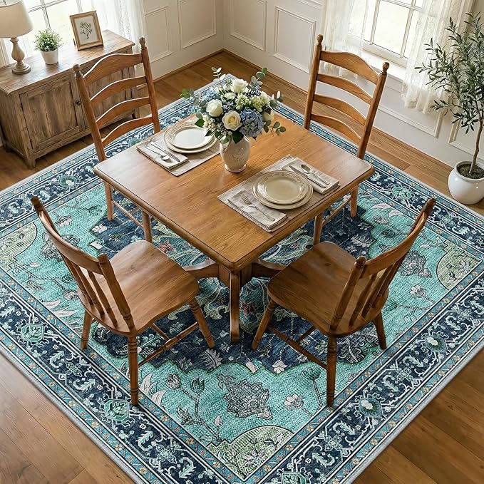 RELEANY Washable Area Rug, Square 8'x8', Teal | Non-Slip, Water Repellent - Image 2