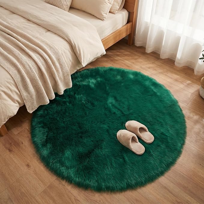 Emerald Green Faux Fur Sheepskin Round Rug 4x4 ft, Fluffy Shag Circle Rug | - Image 4