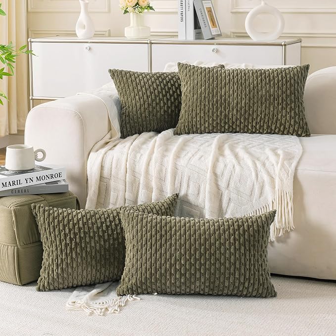 Set of 4 Olive Green Decorative Throw Pillow Covers 12x20 Inch Corduroy Pillow by Cozoomy