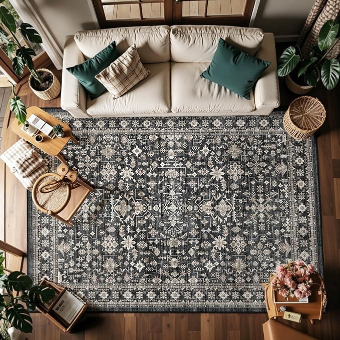 Grey Area Rug 6x9 for Living Room Bedroom | Low Pile; Non Slip;Machine - Image 2