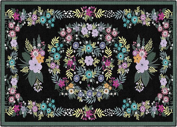Flagship Carpets Schoolgirl Style Vintage Floral Educational Area Rug for Kids Room Seating Décor, Children's Classroom, Play Carpet for Teaching and Playroom, 5' x 7'6", Black & Multi