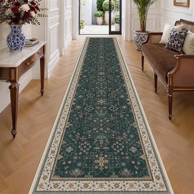 Washable Dark Green Hallway Runner Rug 16 ft Long by HazoHaus