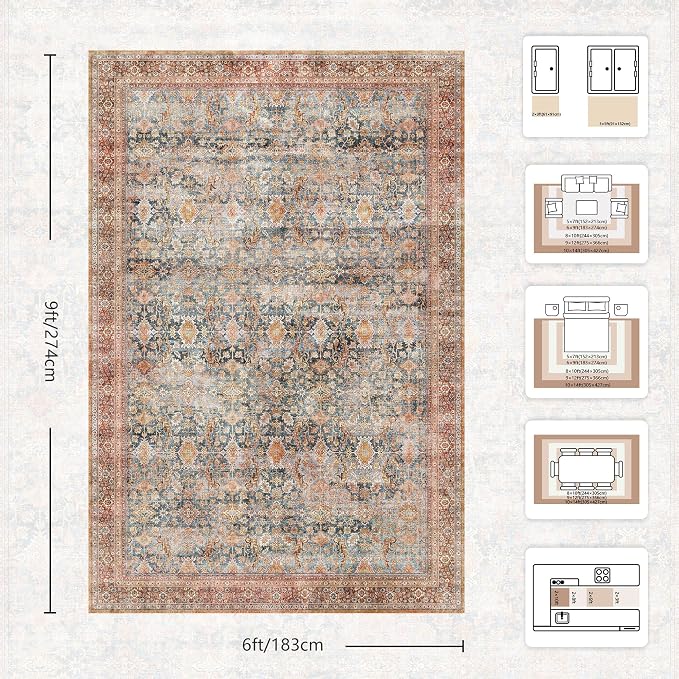 6x9 Area Rugs - Washable Vintage Retro Living Room Rug, Soft Ultra Thin Non - Image 2