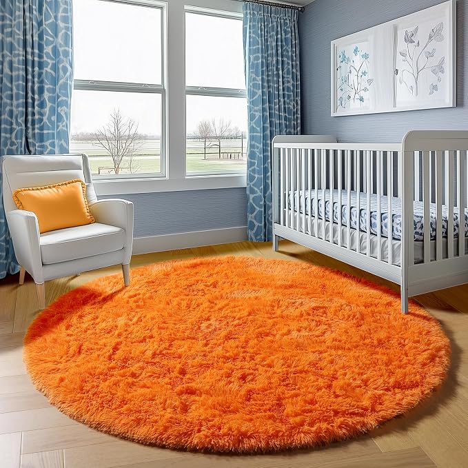 Orange Round Rugs 5ft for Bedroom Living Room, Fluffy Circle Area Rug for Kids - Image 7