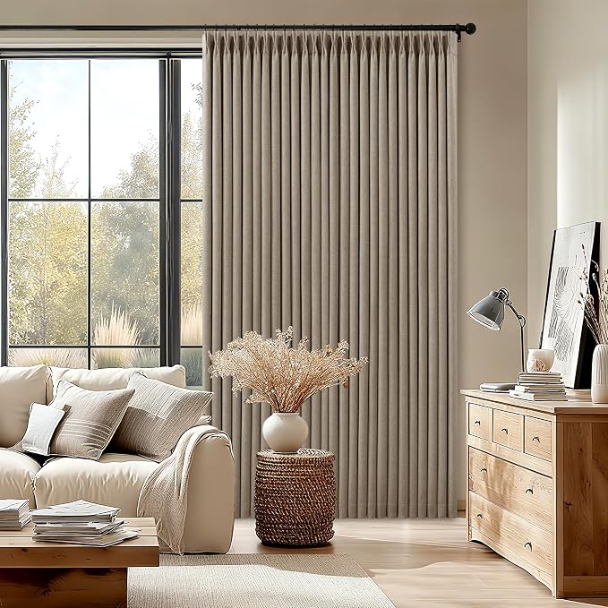 Deep Flax Greige Pleated Blackout Curtains 96 Inches Long 2 Panels | Room - Image 8