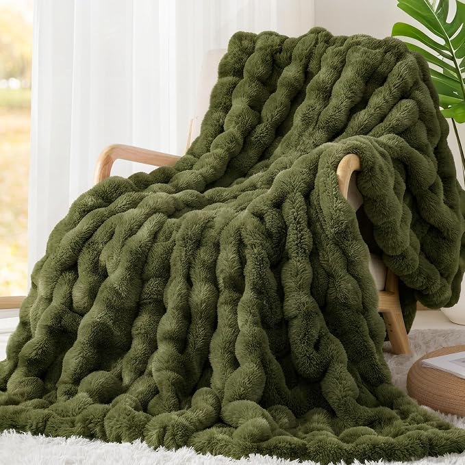Luxury 1000GSM Rabbit Faux Fur Blanket, Super Warm Cozy Brown Blankets by TOUCHAT