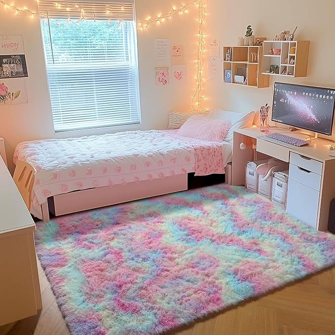 Rainbow Area Rugs for Girls Bedroom, 4x6 Fluffy Bedside Colorful Rug, Cute Soft - Image 6