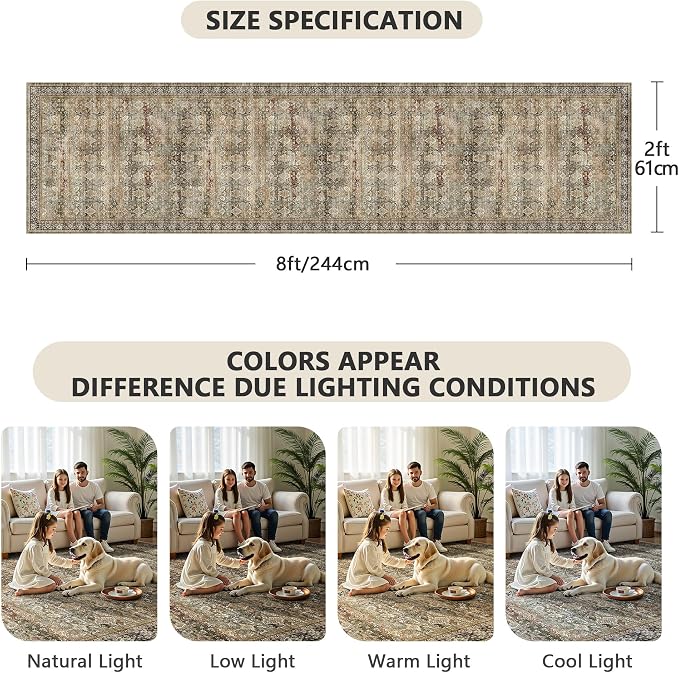 2x8 Hallway Runner Rug, Washable Vintage Retro Long Runner Rugs - Image 2