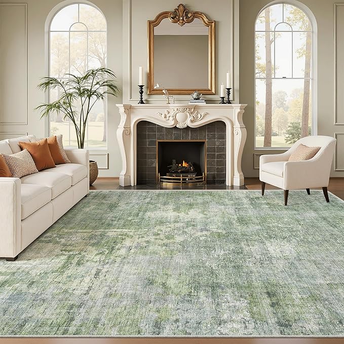 Soalmost Abstract Rug 8x12 Large Living Room Area Rugs Washable Green/Ivory | - Image 2