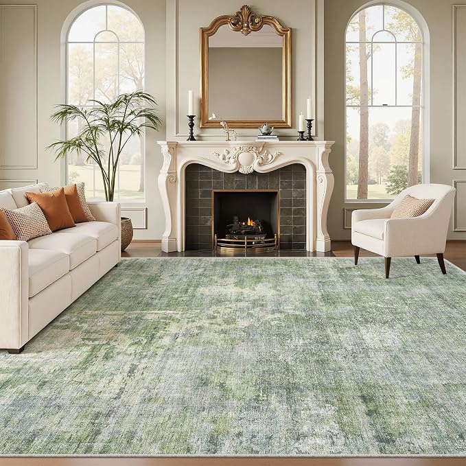 Soalmost 9x12 Area Rugs for Living Room Washable Rug Abstract Green/Ivory | by Soalmost