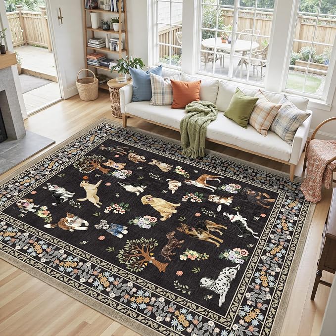 Black Area Rug 5x7 for Living Room Bedroom | Ultra-Thin;Boho Style; Non - Image 4