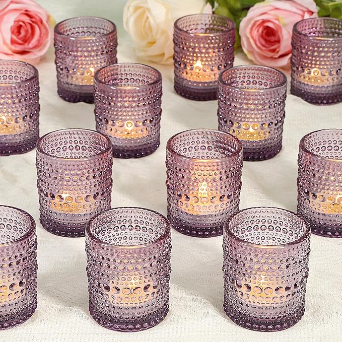 24 Pcs Votive Candle Holders, Purple Glass Holders Bulk for Table Centerpiece, Tea Lights Candle Holders for Wedding Shower, Party and Home Decor