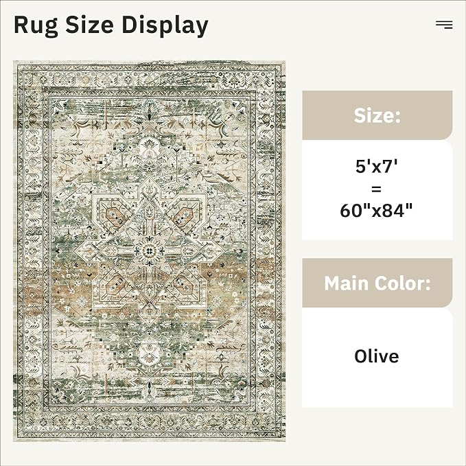 Soalmost 5x7 Area Rug Low Pile Washable Trendy Faded Style Rug, Olive Beige | - Image 4