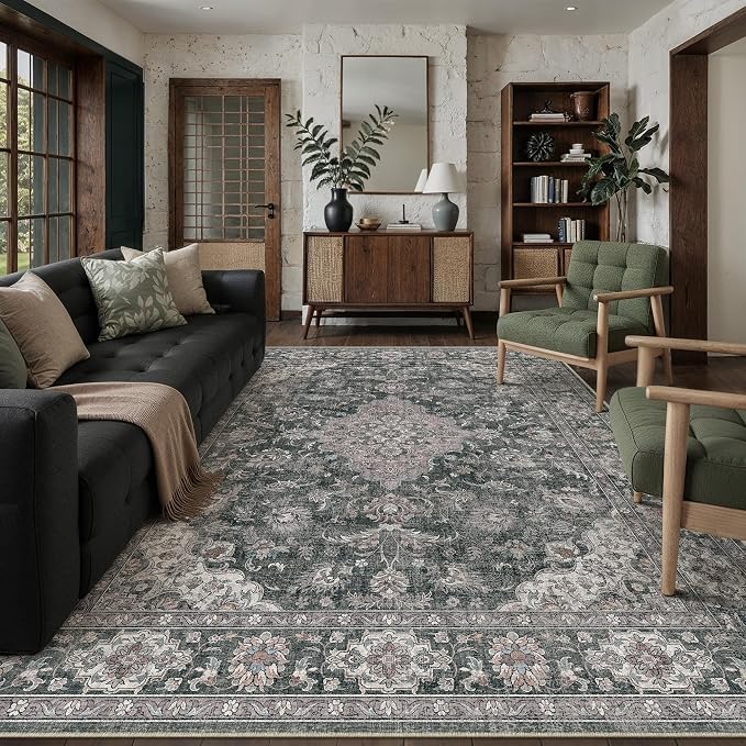 8x10 Black Grey Retro Floral Washable Area Rug by HUGEAR