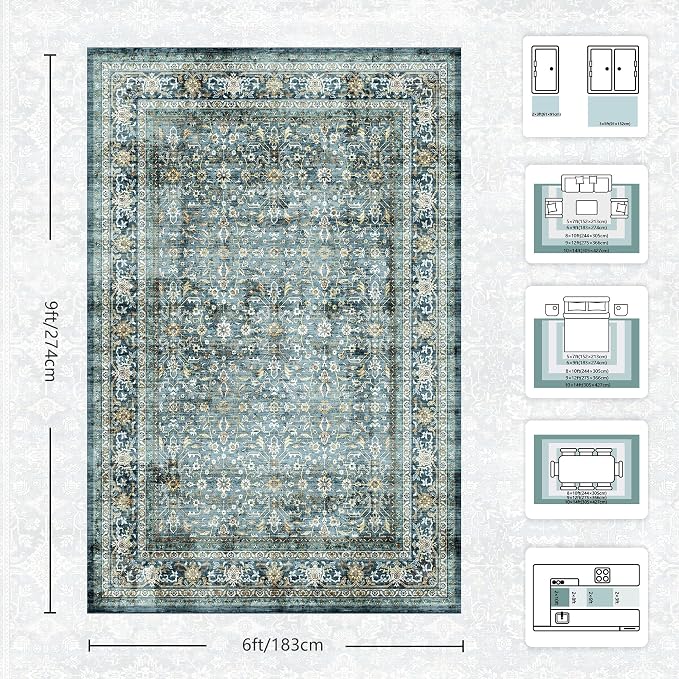 6x9 Area Rugs - Washable Vintage Retro Living Room Rug, Soft Ultra Thin Non - Image 2