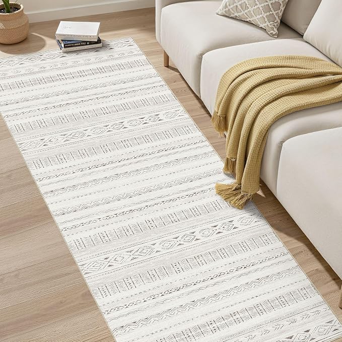 cotiled Hallway 2.6x8 Runner Rugs Washable Boho Rug Brown/Cream | Stain - Image 5