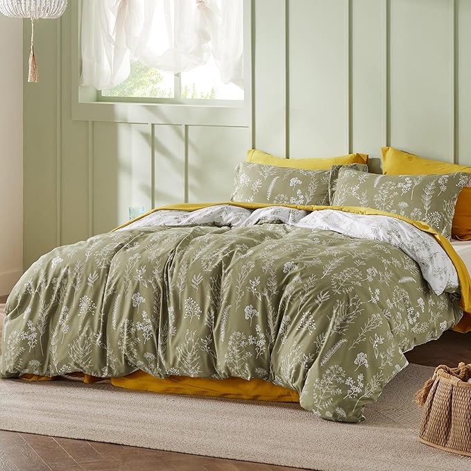 Bedsure Full Comforter Set - Olive Green Bed Set, 3 Pieces Cute Floral Bedding, 1 Soft Reversible Botanical Flowers Comforter and 2 Pillow Shams
