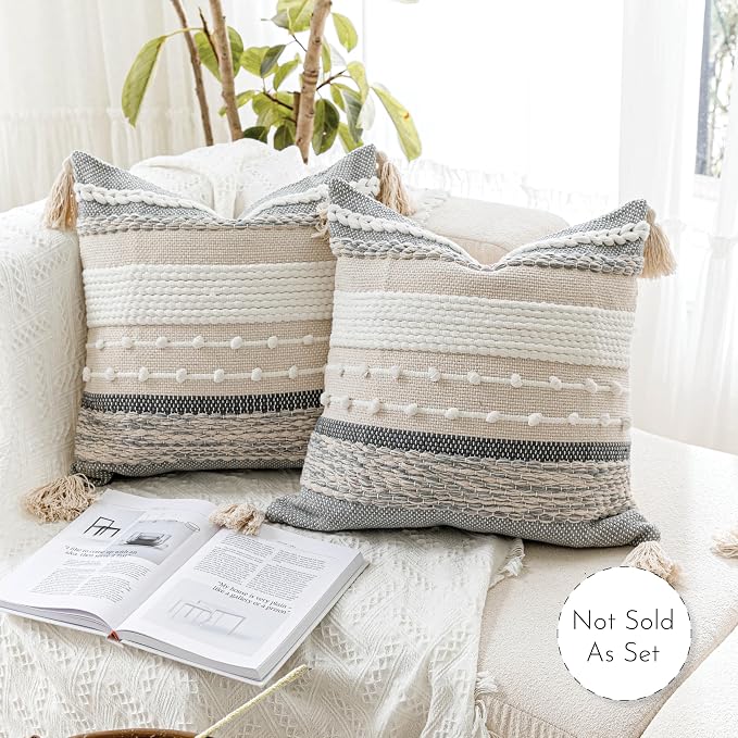 Gray Boho Throw Pillow Cover 22x22, Square Woven Textured Pillowcase, Modern - Image 5