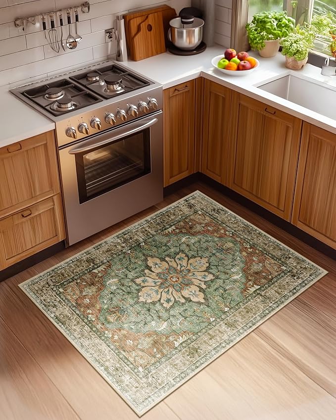 RELEANY Washable Area Rug, Brick/Brown/Green | Non-Slip, Water Repellent - Image 2