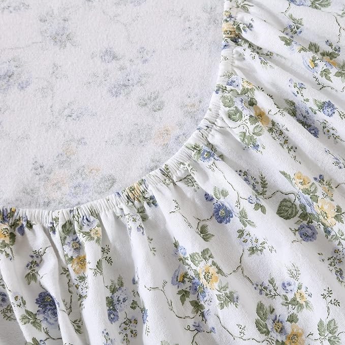 Laura Ashley - Flannel Sheets Queen Size, Anti-Pilling & Wrinkle Resistant Cotton, Touchably Soft for All-Season Comfort - Bed Sheets with Matching Pillowcases & Fitted Sheet (Le Fleur Cottage Blue)