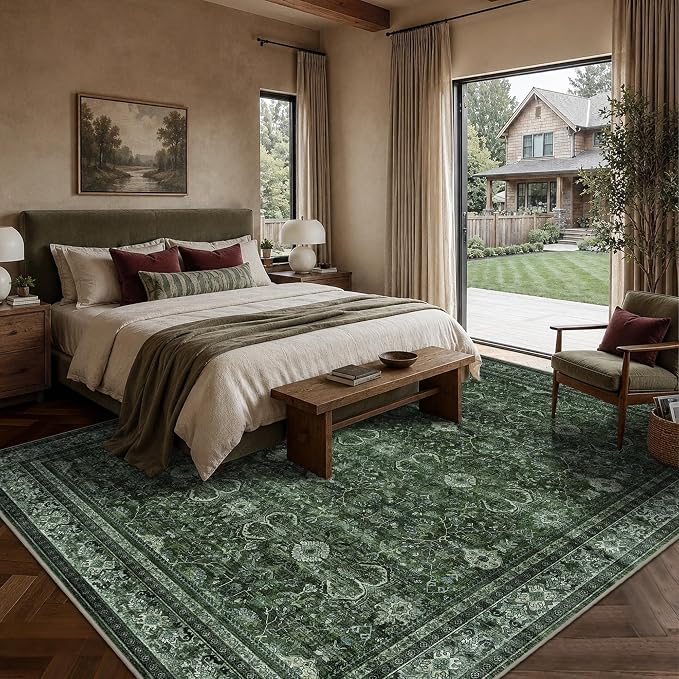Schweek 9x12 Area Rug Green Washable Non-Slip Vintage Rugs - Image 3