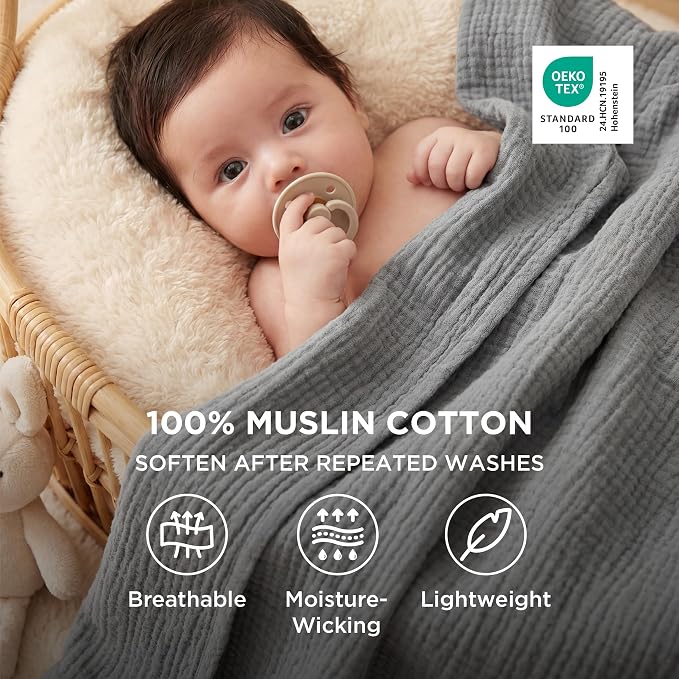 Bedsure 100% Cotton Muslin Throw Blanket Large 50x70 Inches - Image 2
