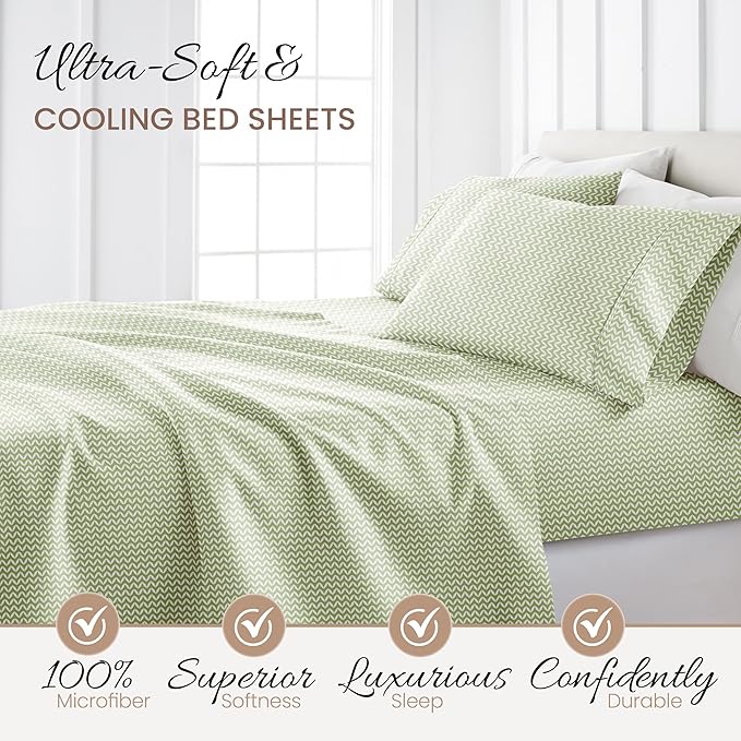 Linen Market Double-Brushed Patterned Microfiber California King Sheet Set 4 Piece – OEKO-TEX Certified Ultra Soft & Wrinkle-Free - 16" Deep Pocket Sheets Easy Care Cal-King Size - Puffed Chevron Sage