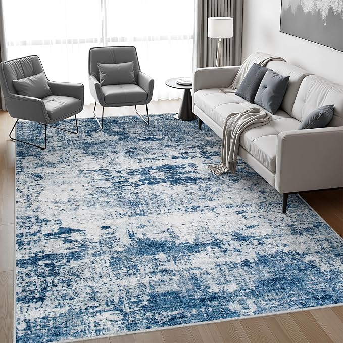 5x7 Area Rug Living Room: Modern Washable Indoor Soft Carpet Blue | - Image 3