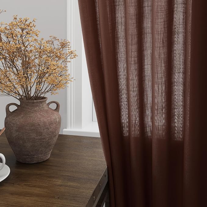 Rustic Brown Linen Curtains 90 Inch Long 2 Panels Set - Image 4
