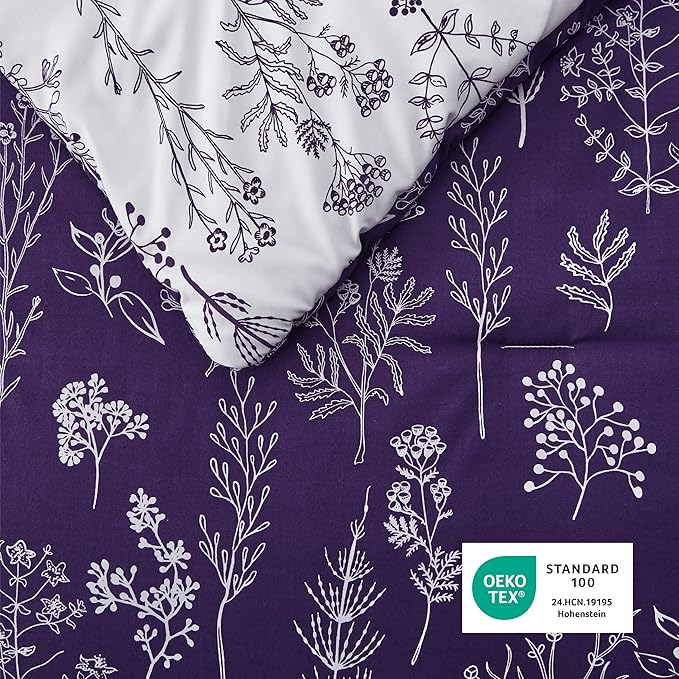 Bedsure King Comforter Set - Dark Purple Bed Set, 3 Pieces Cute Floral Bedding, 1 Soft Reversible Botanical Flowers Comforter and 2 Pillow Shams