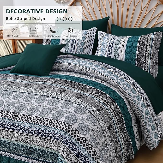 Cottolester Boho Comforter Set King Size,8 Pieces Emerald Green Bohemian Striped Bed in a Bag,Paisley Soft Microfiber Bedding Comforter Set