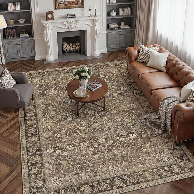 9x12 Washable Area Rug for Living Room | Brown Vintage Floral, Thick Mid Pile - Image 3