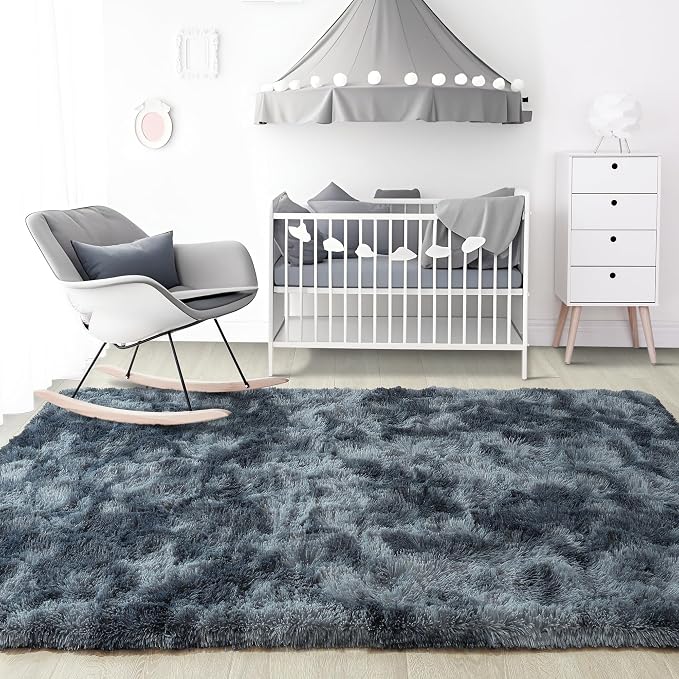 6x9 Large Tie-Dyed Blue and Grey Fluffy Area Rug Non-Slip - Image 7