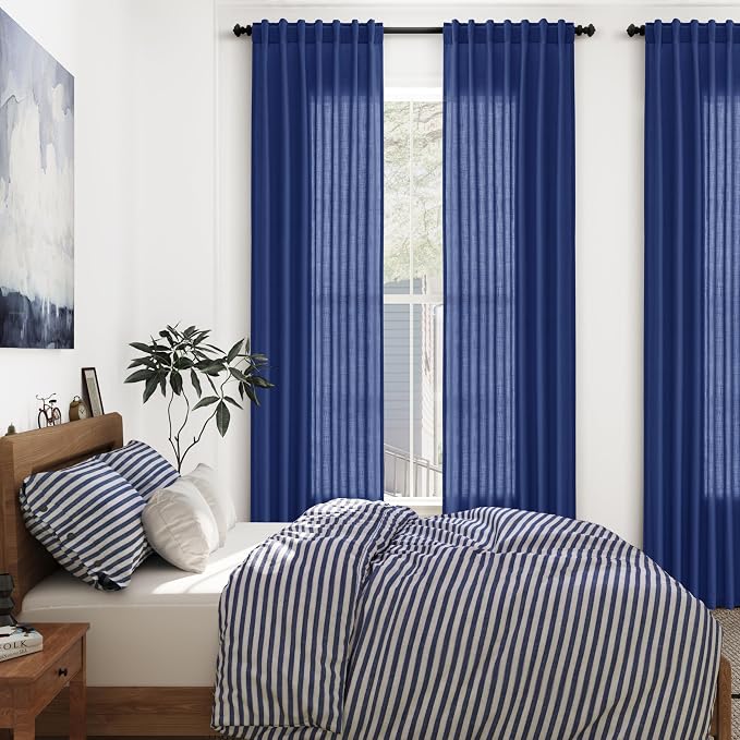 Classic Blue Linen Curtains Semi Sheer 96 Inches Long 2 Panels Set - Image 7