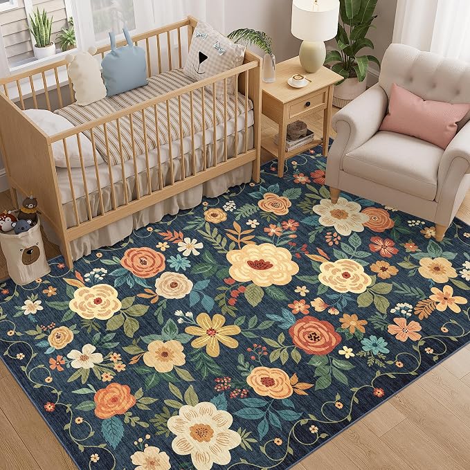 DUKINO 5x8 Area Rug for Bedroom, Floral Washable Rug Non Slip, Non-Shedding - Image 3