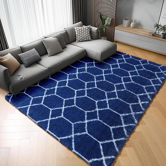 5x7 Area Rugs for Living Room Boys Bedroom, Fluffy Navy Blue and White Rug | by ONASAR