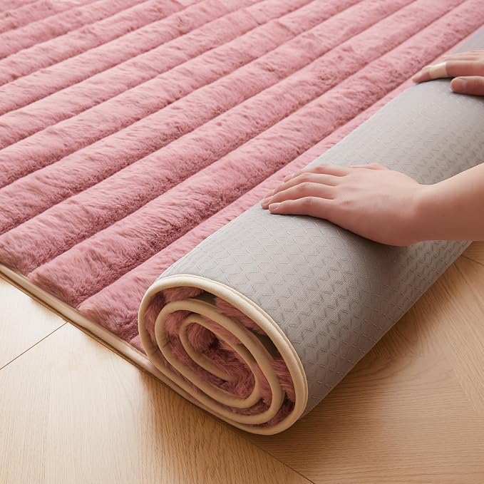 Dusty Rose Rabbit Striped Plush Rug 4'x6', Fluffy Faux Fur Shaggy Area Rug - Image 5