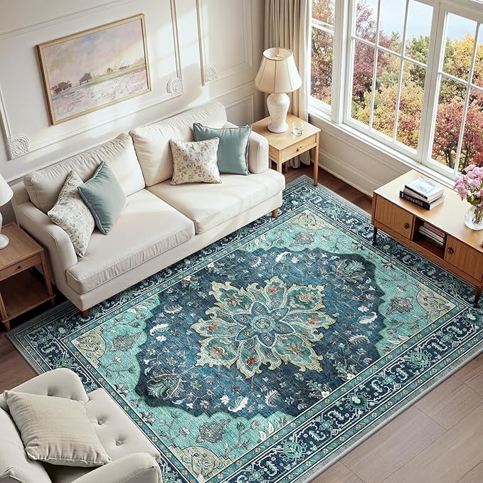 RELEANY Washable Area Rug, Teal | Non-Slip, Water Repellent, Pet Friendly by RELEANY