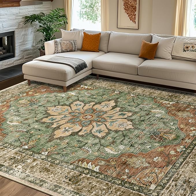 RELEANY Washable Area Rug, Brick/Brown/Green | Non-Slip, Water Repellent by RELEANY