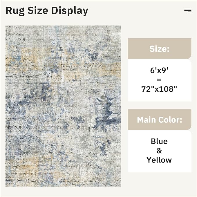 Soalmost Abstract Area Rug 6x9 for Living Room Washable Rugs Blue/Yellow | - Image 5