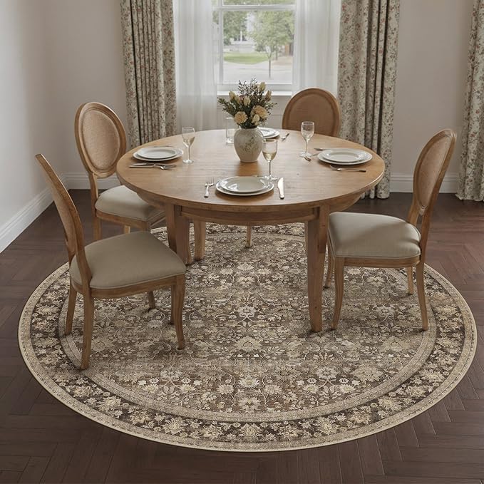 6ft Round Brown Vintage Floral Washable Rug - Image 3