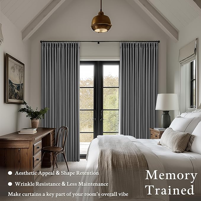 Dark Grey Pleated Thick Linen Blackout Curtains 100 Inches Long - Image 5