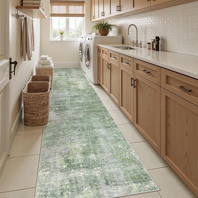 Soalmost Abstract Runner Rug 2x12 Hallway Kitchen Runners Green/Ivory | Vintage - Image 4
